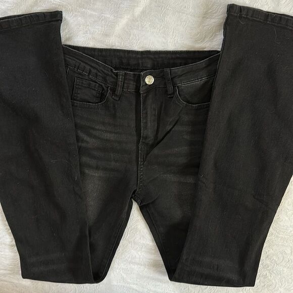 Black Denim Bellbottom Jeans Stretch Size 4 Small Factory Faded - Picture 1 of 11